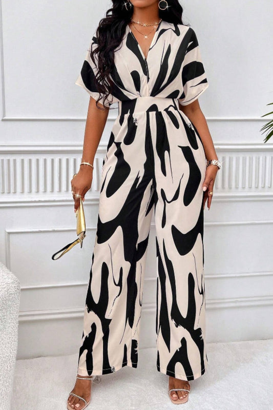 Abstract Short Sleeve Wide Leg Jumpsuit