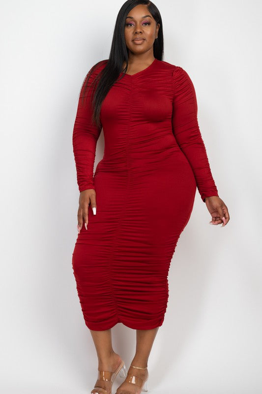 Aleena Ruched Long Sleeve Midi Dress