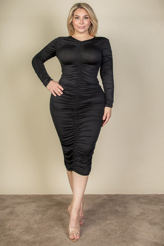 Aleena Ruched Long Sleeve Midi Dress