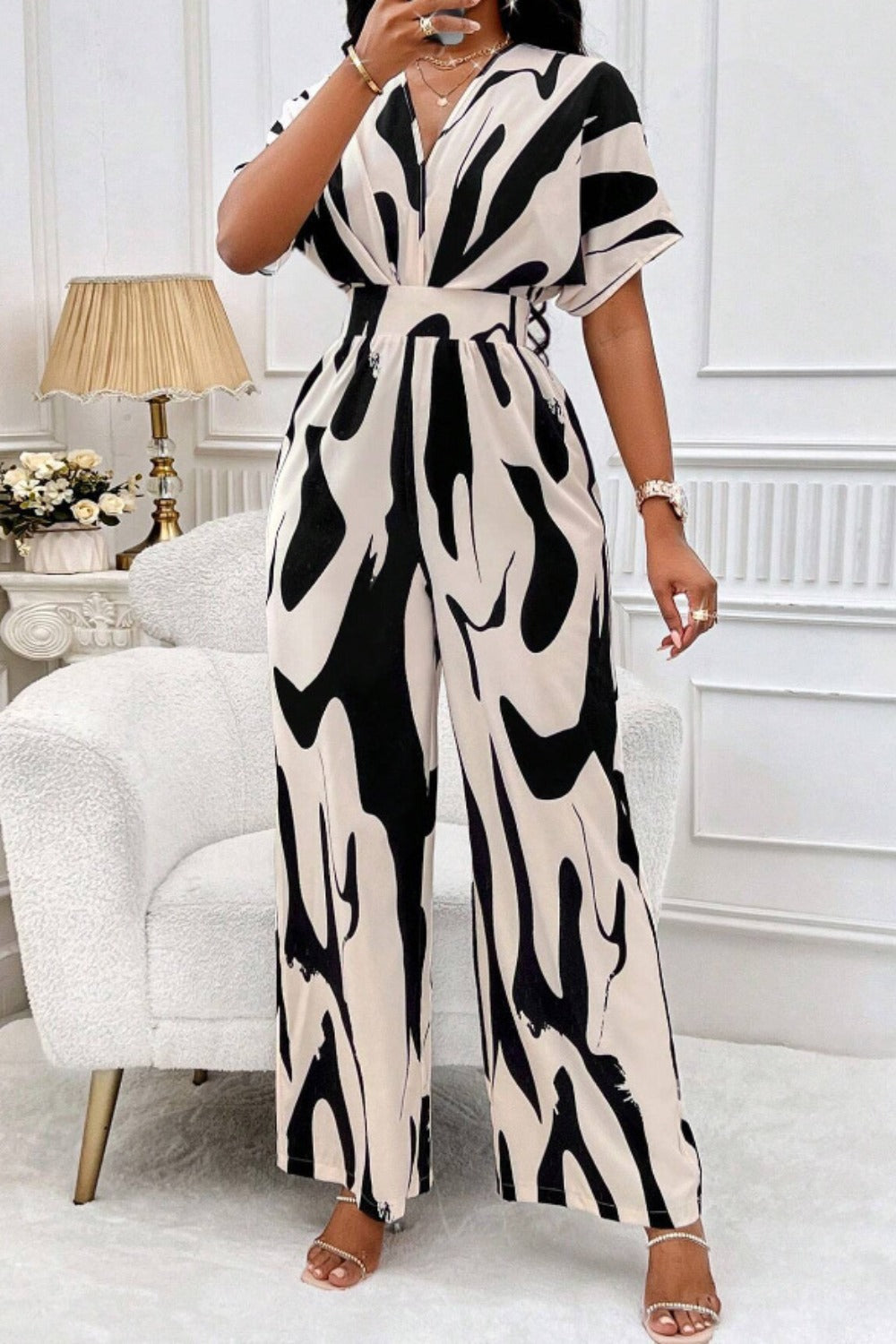 Abstract Short Sleeve Wide Leg Jumpsuit