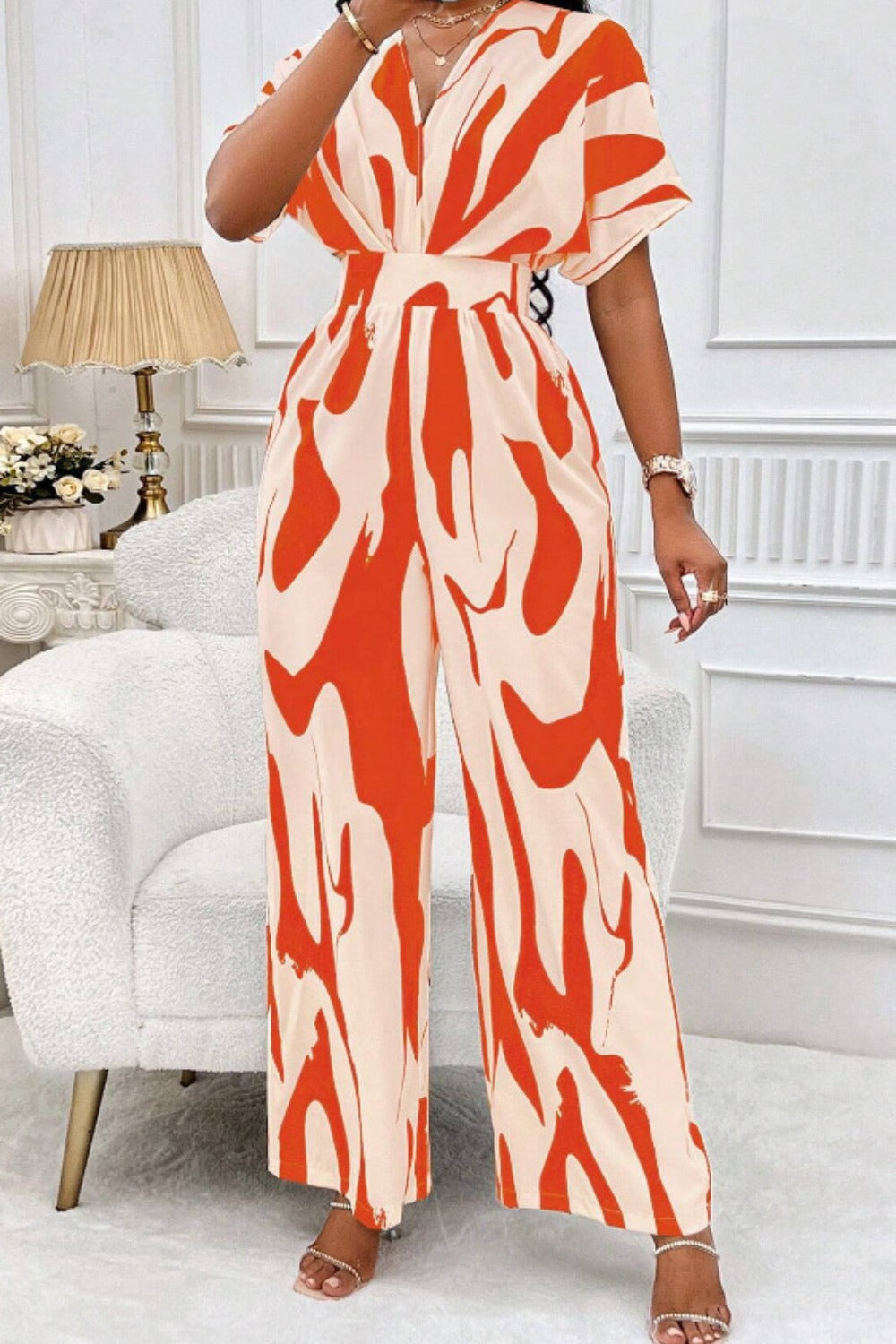 Abstract Short Sleeve Wide Leg Jumpsuit