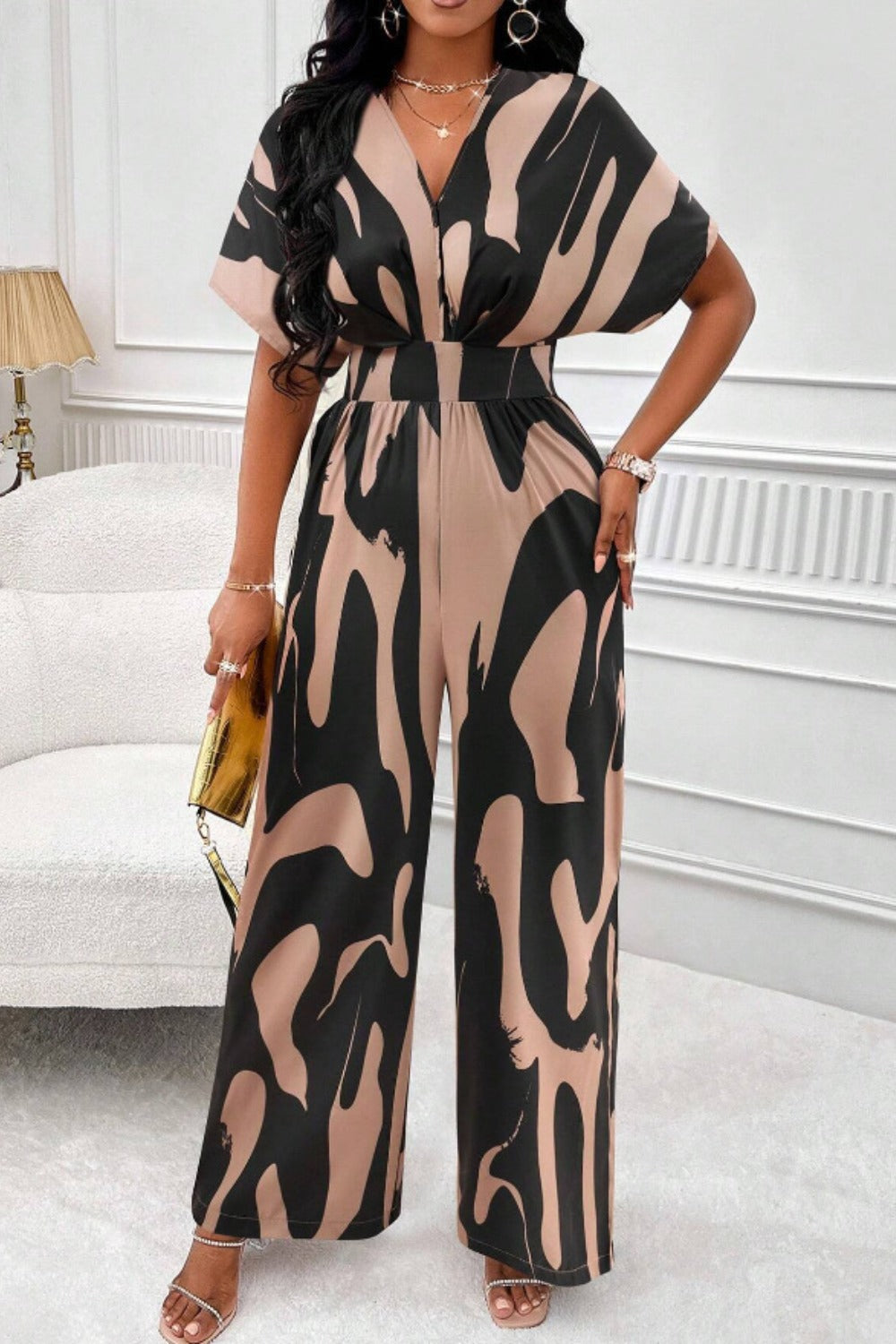 Abstract Short Sleeve Wide Leg Jumpsuit
