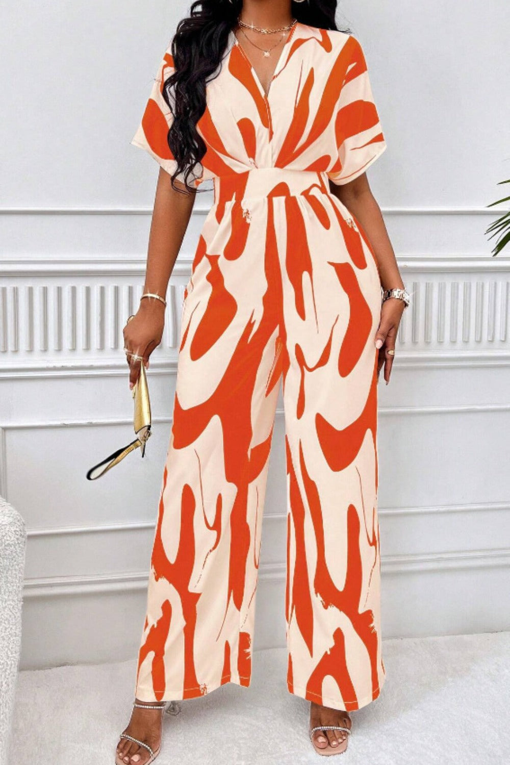 Abstract Short Sleeve Wide Leg Jumpsuit