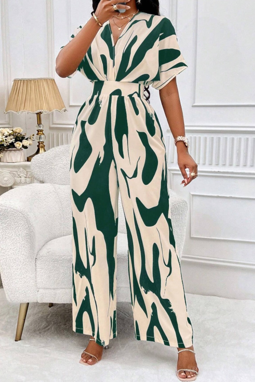 Abstract Short Sleeve Wide Leg Jumpsuit