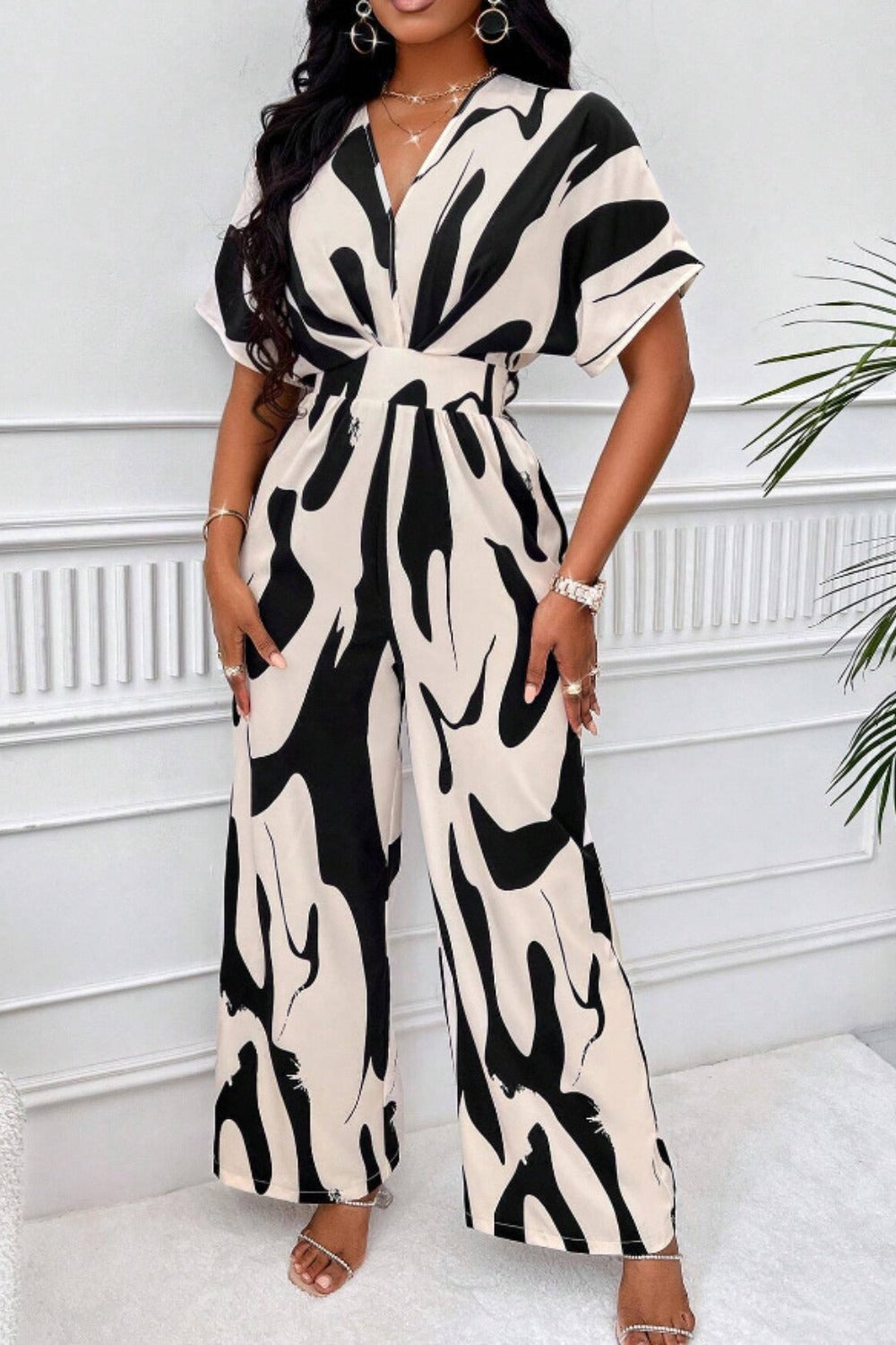 Abstract Short Sleeve Wide Leg Jumpsuit