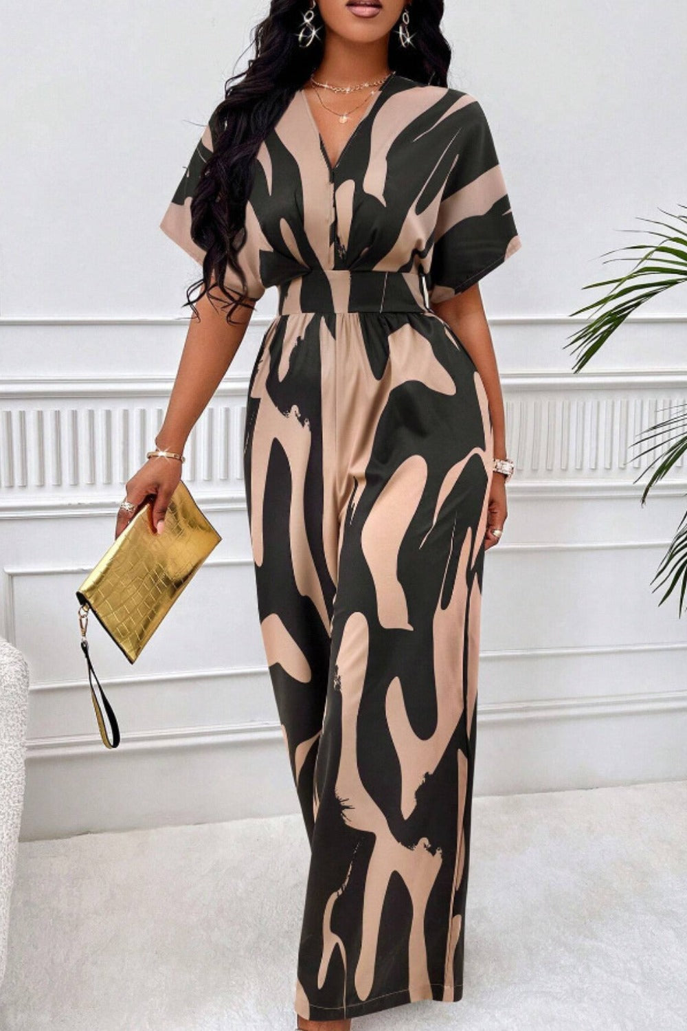 Abstract Short Sleeve Wide Leg Jumpsuit