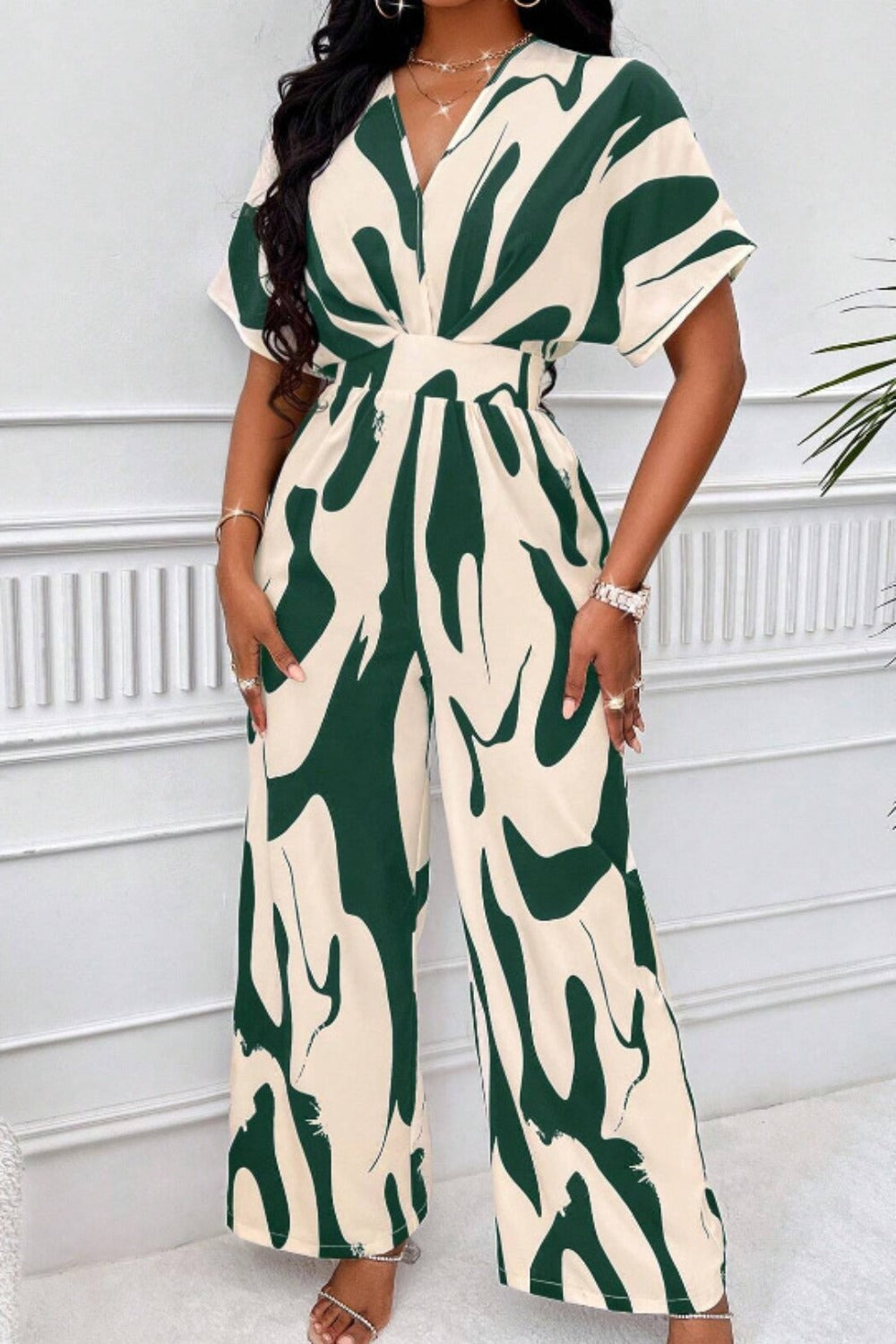 Abstract Short Sleeve Wide Leg Jumpsuit