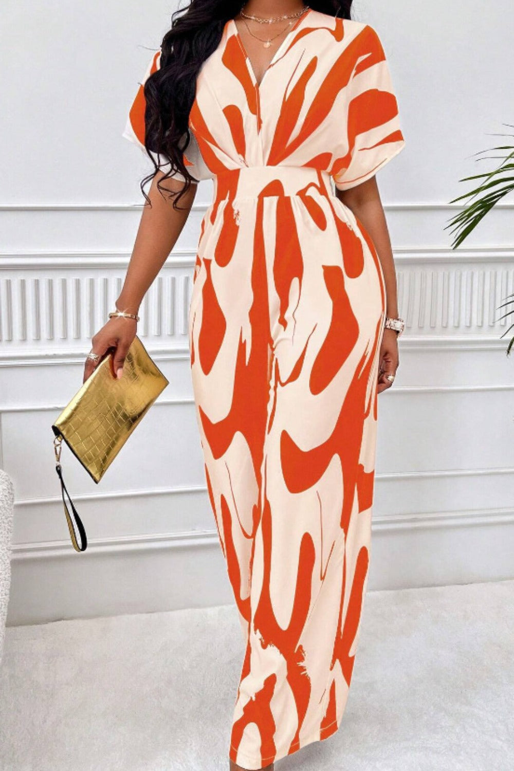 Abstract Short Sleeve Wide Leg Jumpsuit