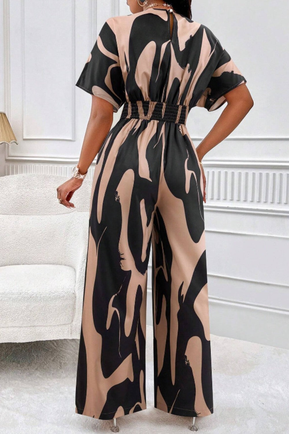 Abstract Short Sleeve Wide Leg Jumpsuit