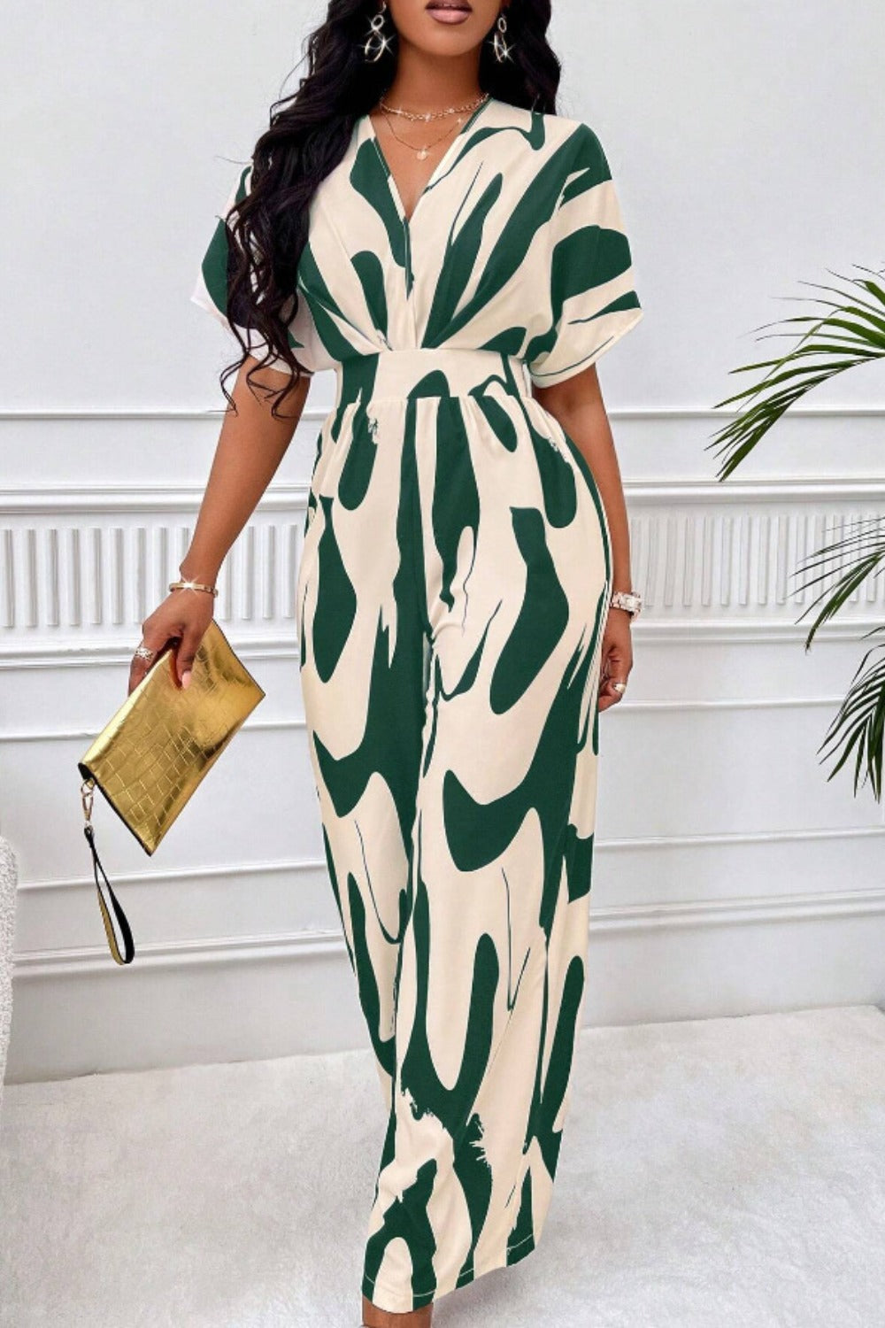 Abstract Short Sleeve Wide Leg Jumpsuit