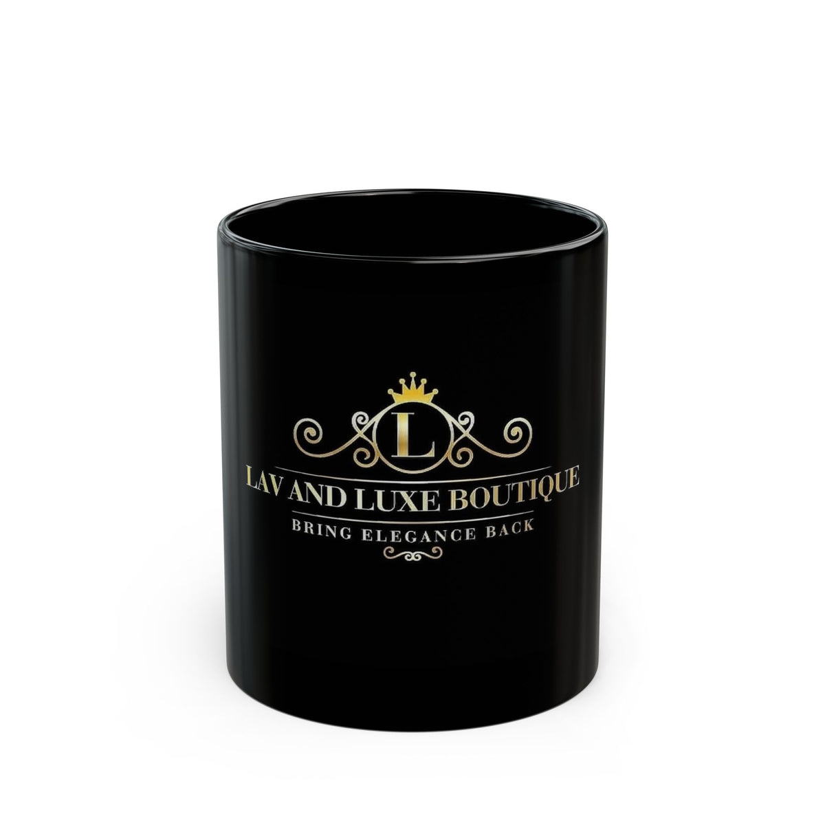 Lav and Luxe Boutique Black Logo Mug — Elegant 11oz/15oz Ceramic Coffee Cup
